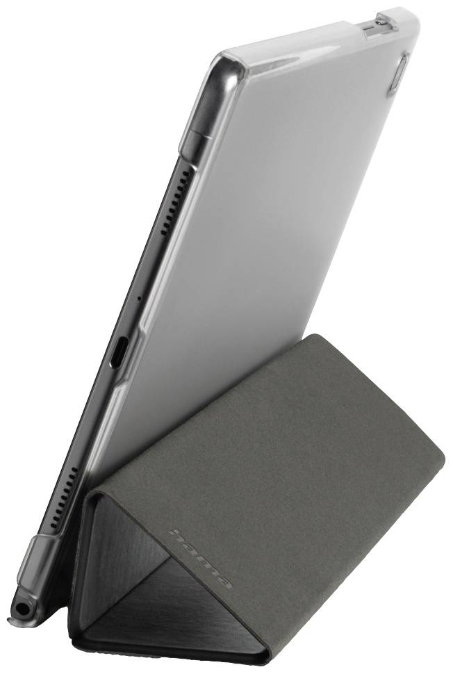 A triangular-shaped cover serves as a tablet stand and keeps the tablet in an upright position.