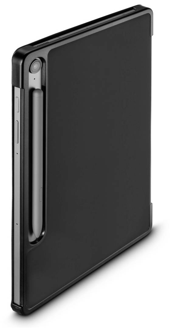 Black tablet case with integrated pen holder, tablet and pen are inserted, focus on the slim, modern design.