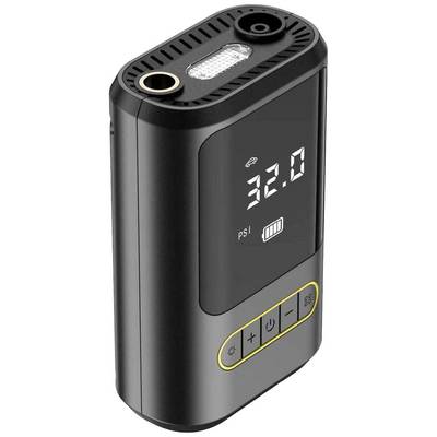 Portable air pump with digital display showing '32.0 psi'. Buttons at the bottom for switching on and off, changing modes, and controlling the light. Ideal for inflating tyres.