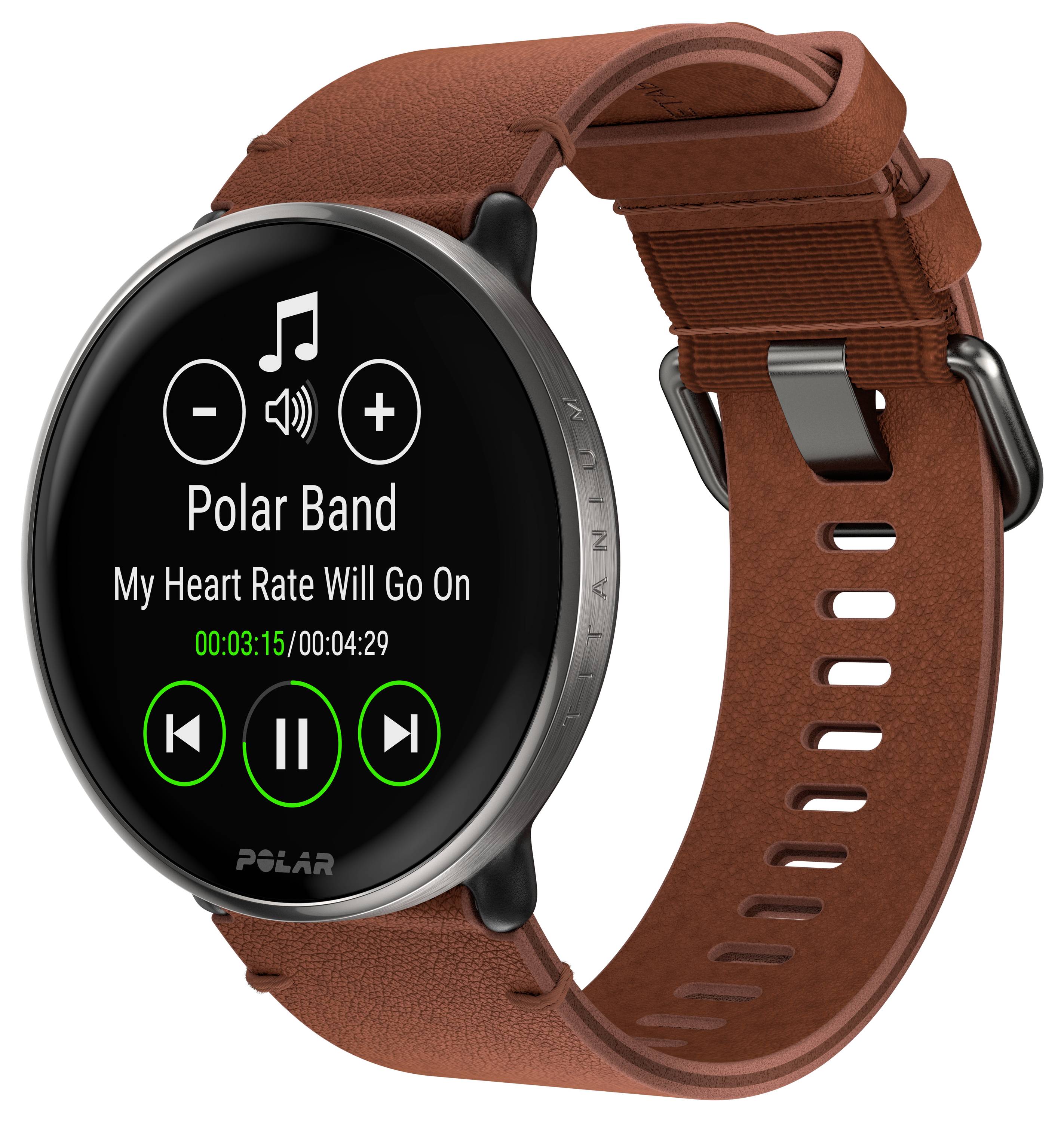 A smartwatch with a round display shows music playback. Title: 'My Heart Rate Will Go On' by Polar Band, Duration 00:03:15.
