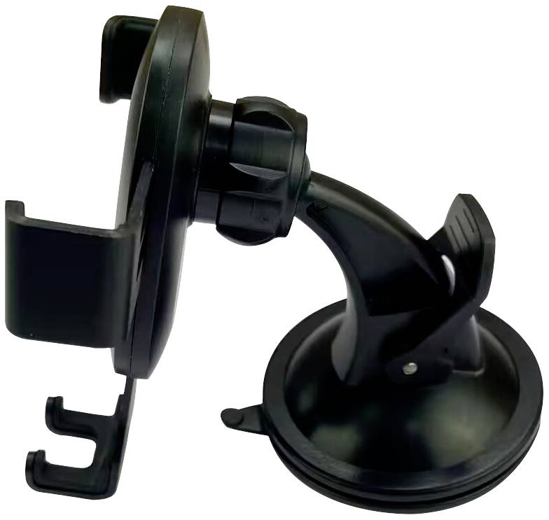 Black car smartphone holder with suction cup and adjustable mount, suitable for attachment to smooth surfaces.
