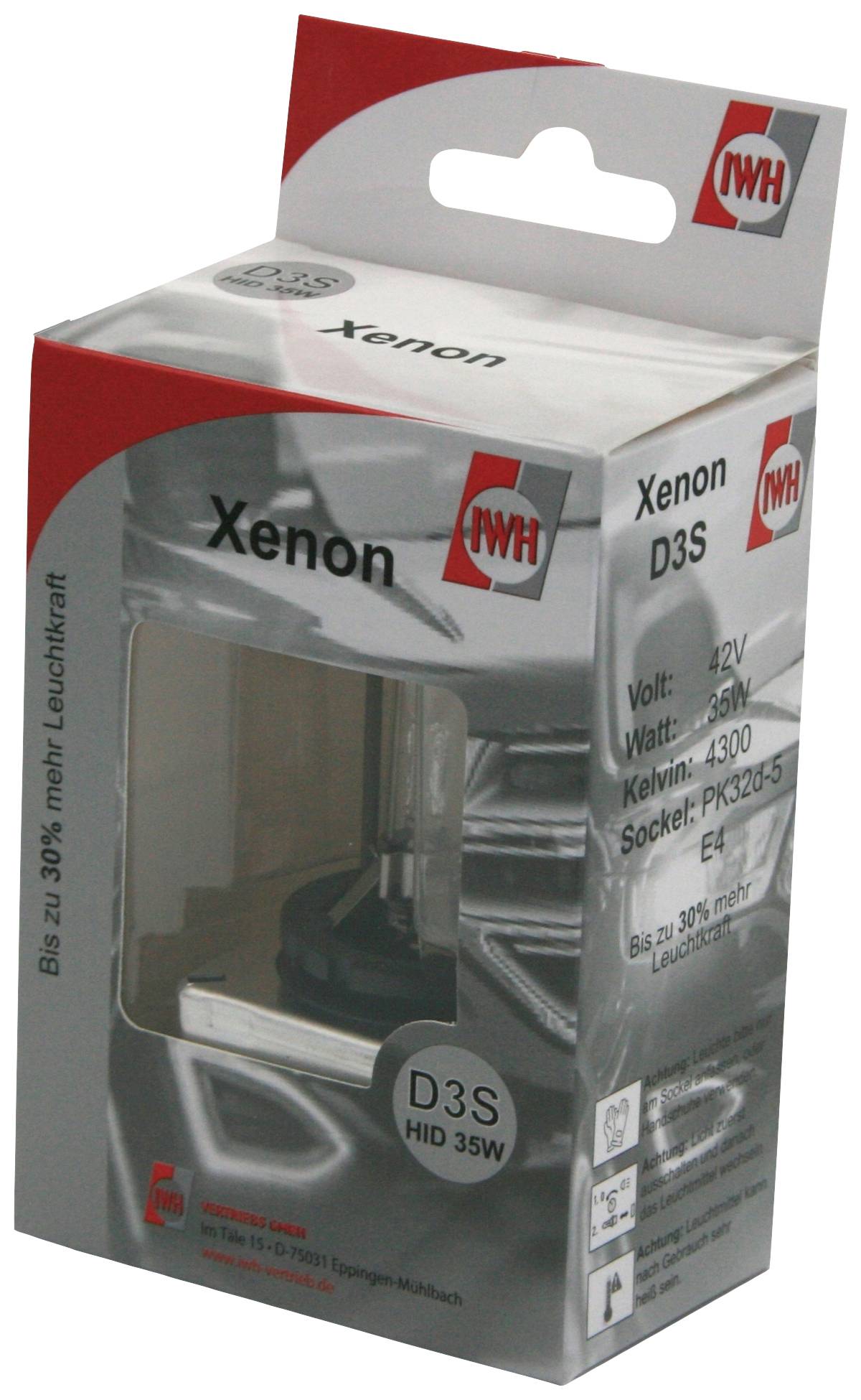 Light bulb packaging with the inscription 'Xenon D3S', '12V', 'Kelvin: 4300', 'Base: PK32D-5'. Shows image of the light bulb inside.