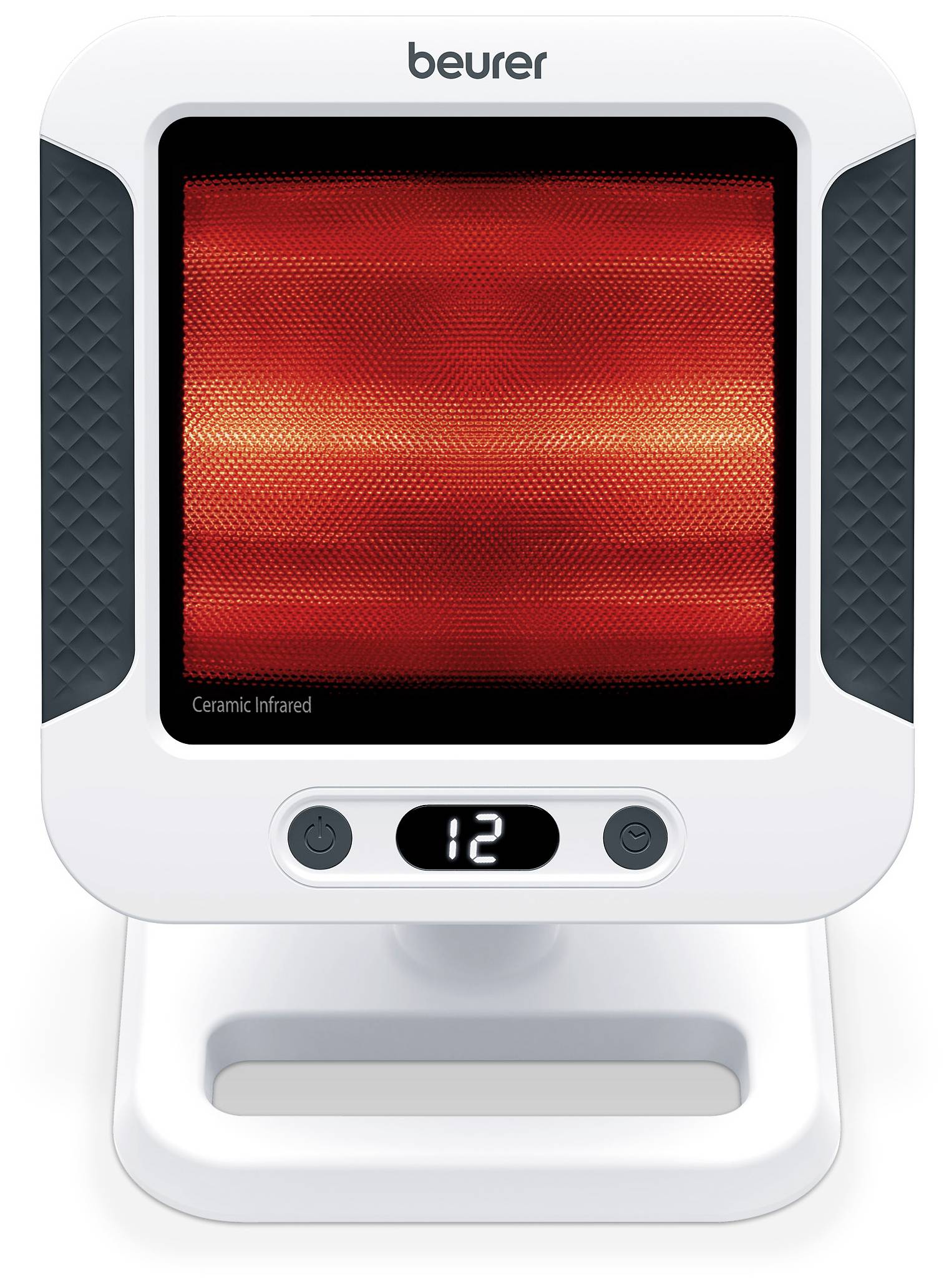 Ceramic infrared heating device, brand 'beurer', with digital display and two control buttons. Display shows the number '12'.