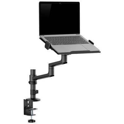 Laptop mount attached to a desk, enabling adjustable height and angle for ergonomic working.
