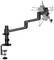 Black metal monitor mount with adjustable articulated arm and desk clamp. Holds a monitor in various positions.