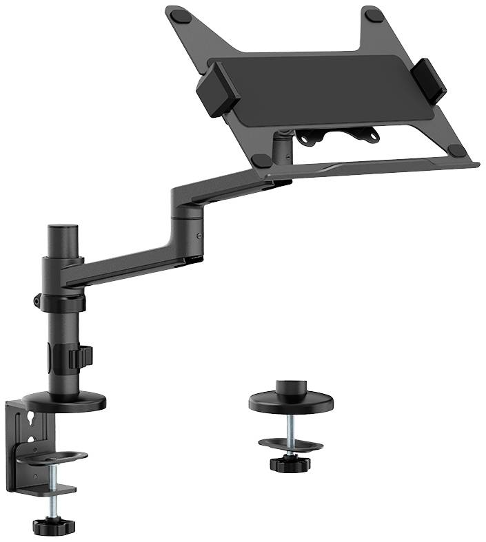 Notebook stand with adjustable arm and desk clamp, black, for ergonomic workplace organisation.