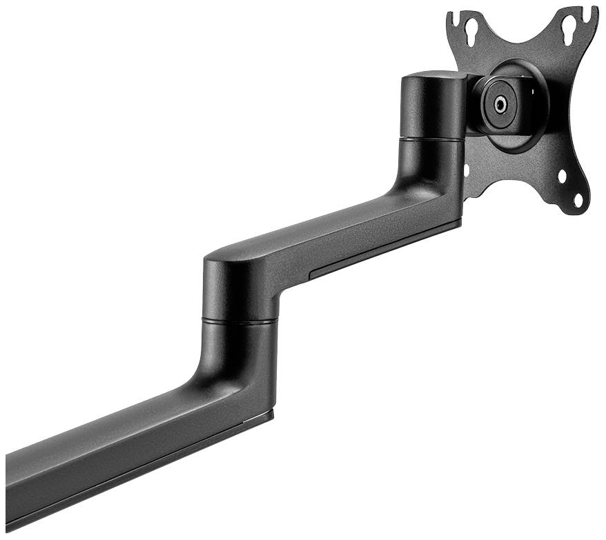 A black, adjustable monitor arm for wall mounting, suitable for VESA-compatible monitors. Ideal for space-saving workplace solutions.