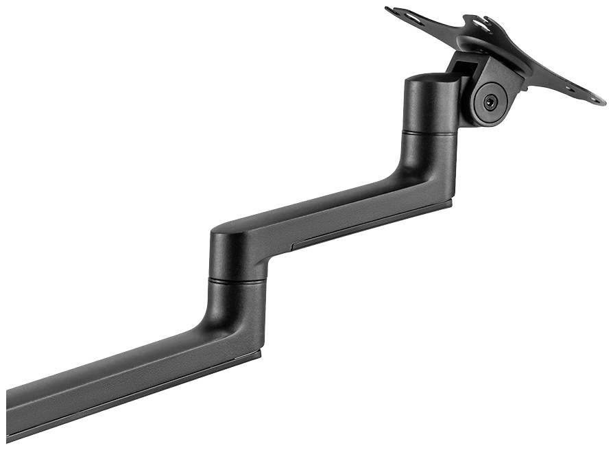 An adjustable black monitor arm with a jointed arm, suitable for mounting a monitor on a wall for flexible positioning.