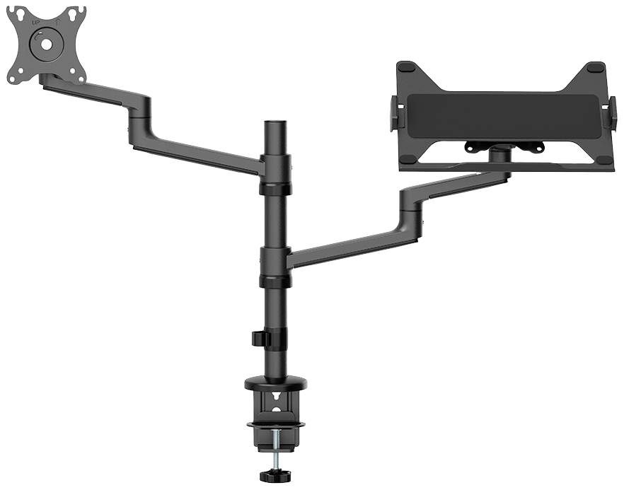 Dual-Monitor Mount with Two Adjustable Arms. Left Arm Features a Rectangular Plate, Right Arm Includes a Tablet Holder. Ideal for Desks.