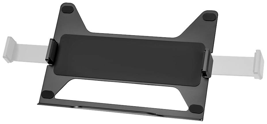 Black laptop bag made of material, rectangular in shape with two white side brackets that are extended outwards.