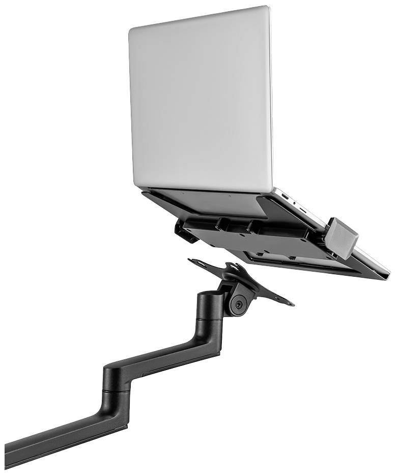 A laptop is open on an adjustable, swivelling arm mounted to a desk.