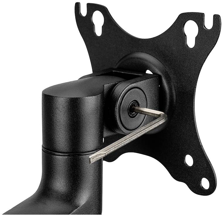 Black metal monitor mount with a swivel joint and mounting plate for VESA-compatible monitors.