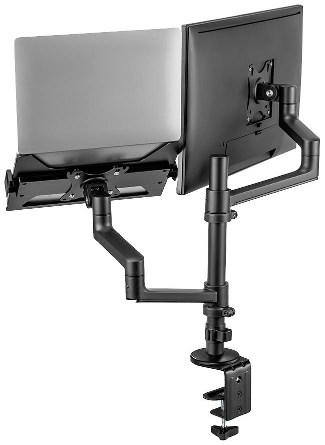Monitor mount with two arms: a laptop stand on the left and a monitor mount on the right. Both arms are flexibly adjustable.
