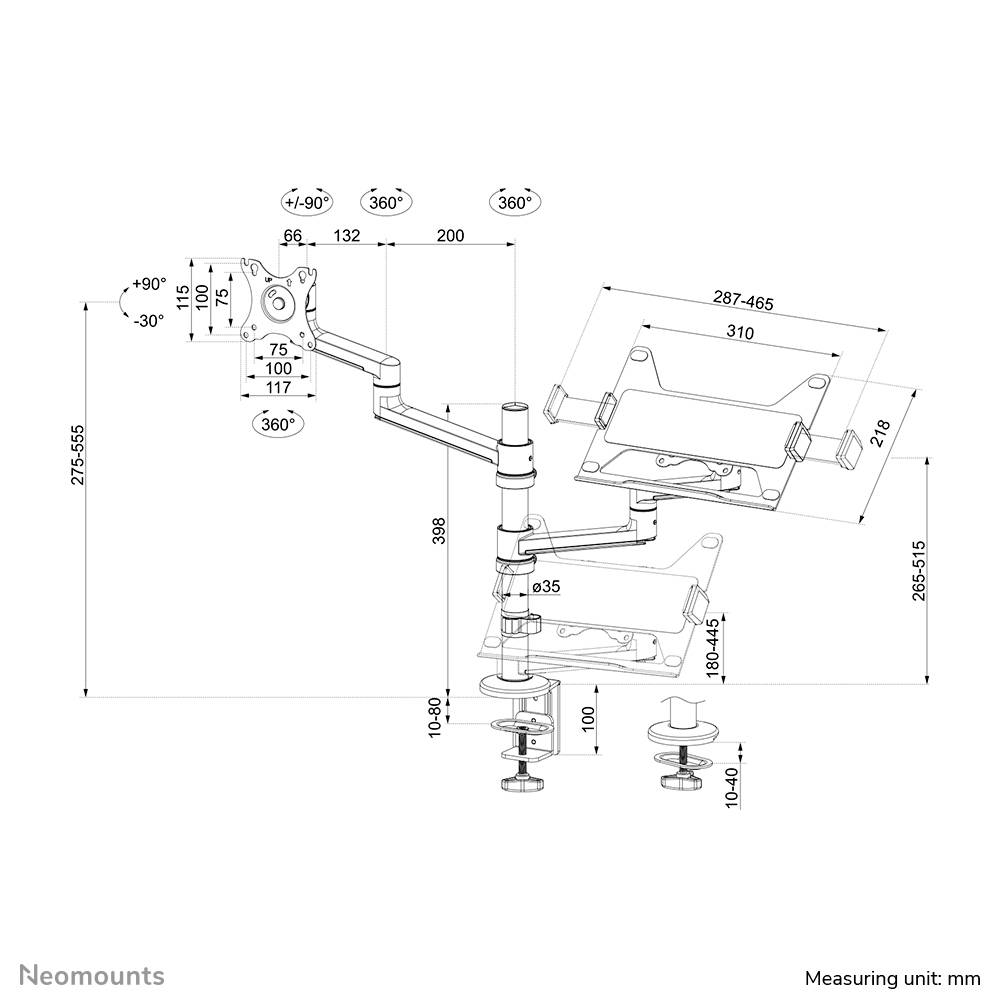 'Technical drawing of a monitor mount with dimensions in mm, showing rotatable arms and mounting options.'