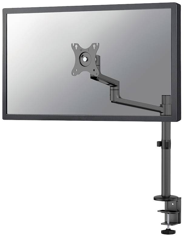 A metal monitor arm, mounted on the edge of a desk, supports a monitor. The arm is adjustable and ergonomic.