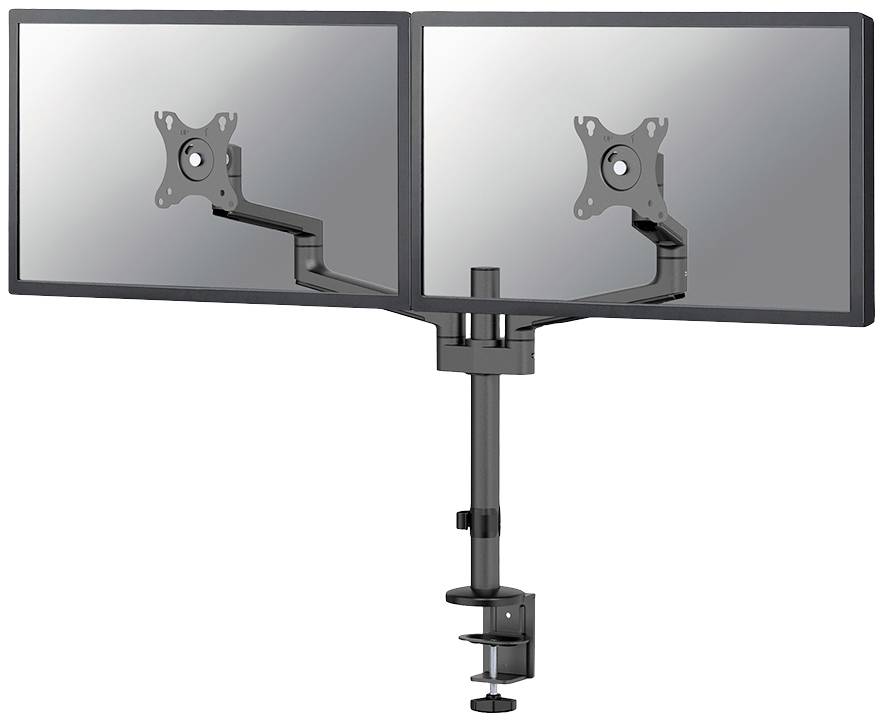 Dual monitor mount with clamp-fixed base for desktop, suitable for two monitors, made of black metal.