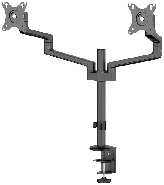 Double monitor mount with two swivel arms for desk attachment. Suitable for flexible screen positioning.