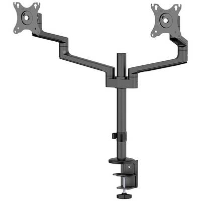 Double monitor mount with two swivel arms for desk attachment. Suitable for flexible screen positioning.