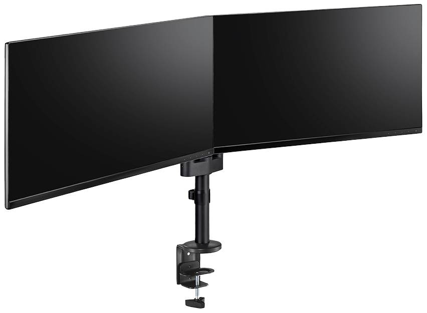 A dual monitor mount with two large screens positioned side by side, mounted on an adjustable arm.