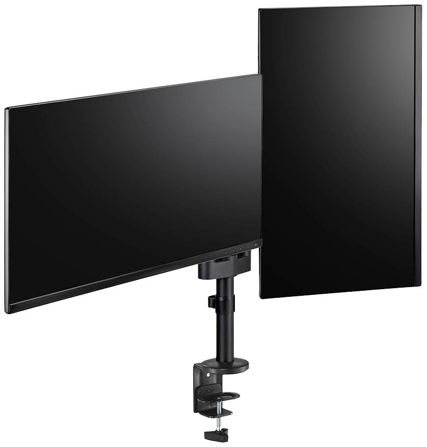 Two black computer monitors, one horizontal and one vertical, mounted on a stand with a desk clamp.