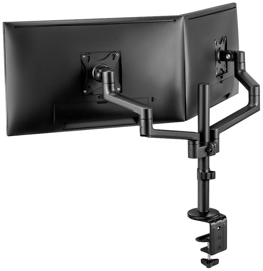Monitor mount for two screens, clamped to the edge of a desk. Each arm is flexibly positionable to individually align screens.