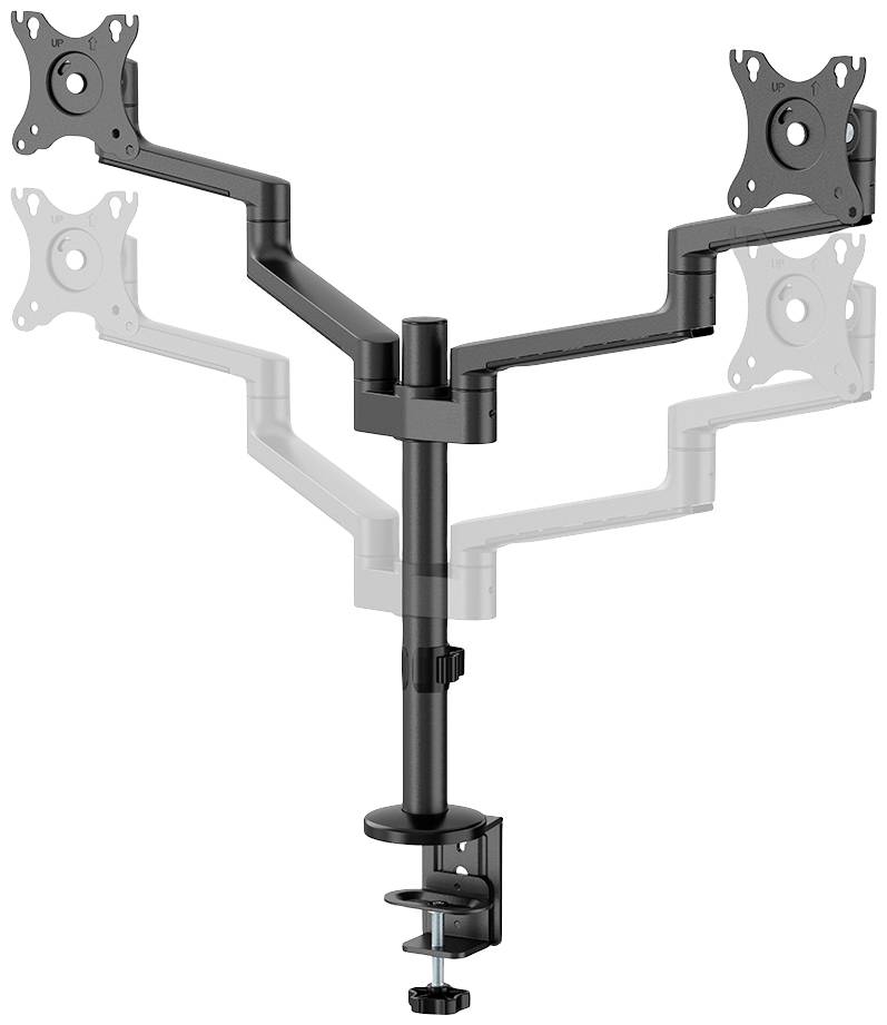 A dual monitor arm, which is mounted to a desk, shows the brackets for two screens and enables free positioning.