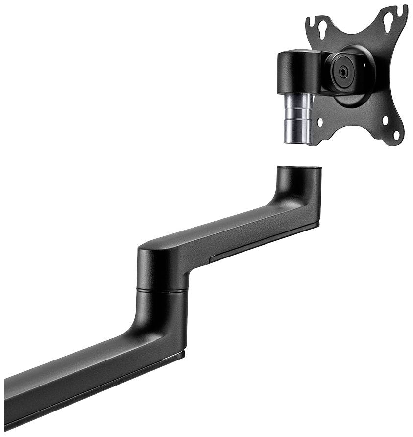 Black monitor arm with flexible mounting and VESA mount, offering adjustable positioning for various monitor sizes.