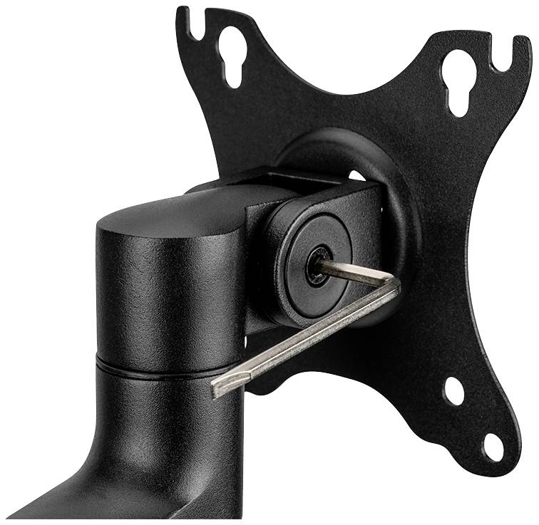 Black monitor mount with screw adjustment for mounting on wall or desk, showing mounting plate for VESA-compatible monitors.