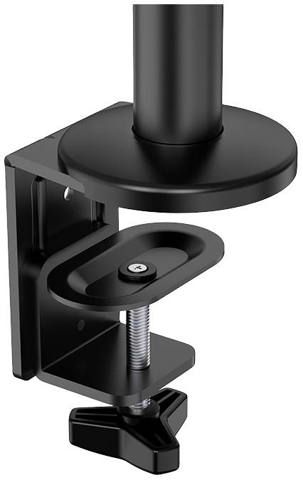 A black desk clamp for monitor mounts. It has a round base and a screw clamp for attaching to desk edges.