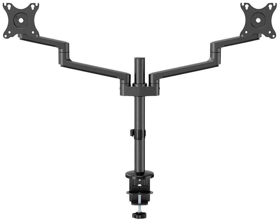 Dual monitor arm in a T-shape design, for mounting on a desk. It features two VESA mounts for monitors and is height-adjustable.