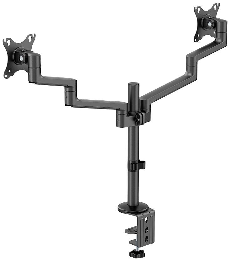 Monitor mount with two adjustable arms and desk clamp. Suitable for mounting two screens.