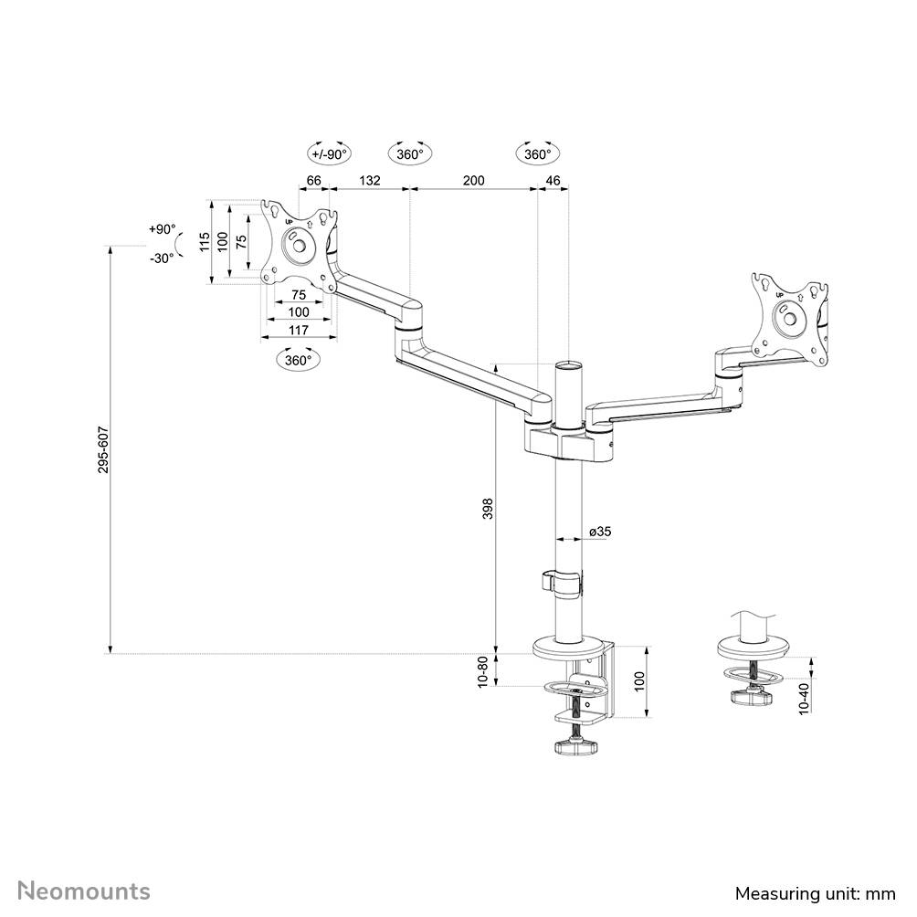 'Technical drawing of a monitor arm with two mounting brackets. Dimensions specified in millimetres. Pivot and tilt angles detailed.'