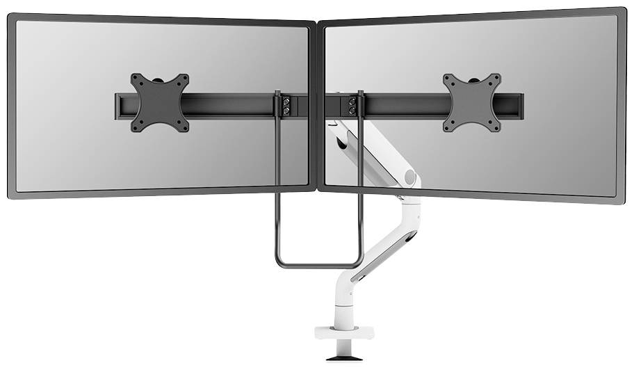 Two monitor mounts installed side by side on a flexible, height-adjustable arm, suitable for ergonomic workplace solutions.