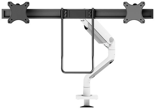 Metal monitor mount for two screens. Single-arm construction for desk mounting, sturdy and adjustable.