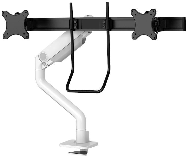 Dual-mount monitor arm, tiltable and height-adjustable for ergonomic screen positioning.