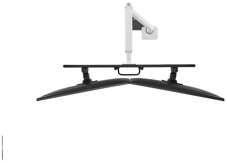 A white monitor arm holds two curved monitors side by side, angled downwards. The arm is attached to a white base.