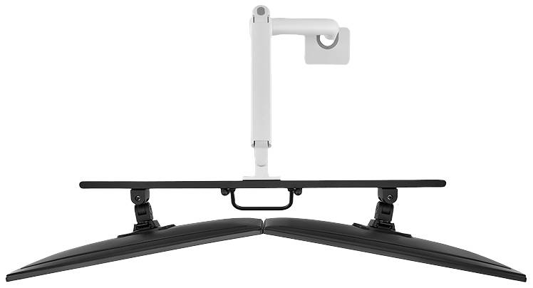A dual monitor mount that secures two monitors side by side. The mount is height-adjustable and cable-managed.