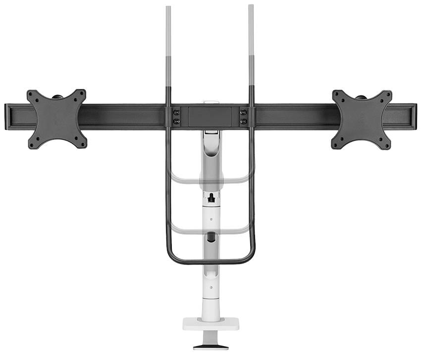 'Monitor mount with two adjustable arms and desk clamp mounting, set against a white background.'