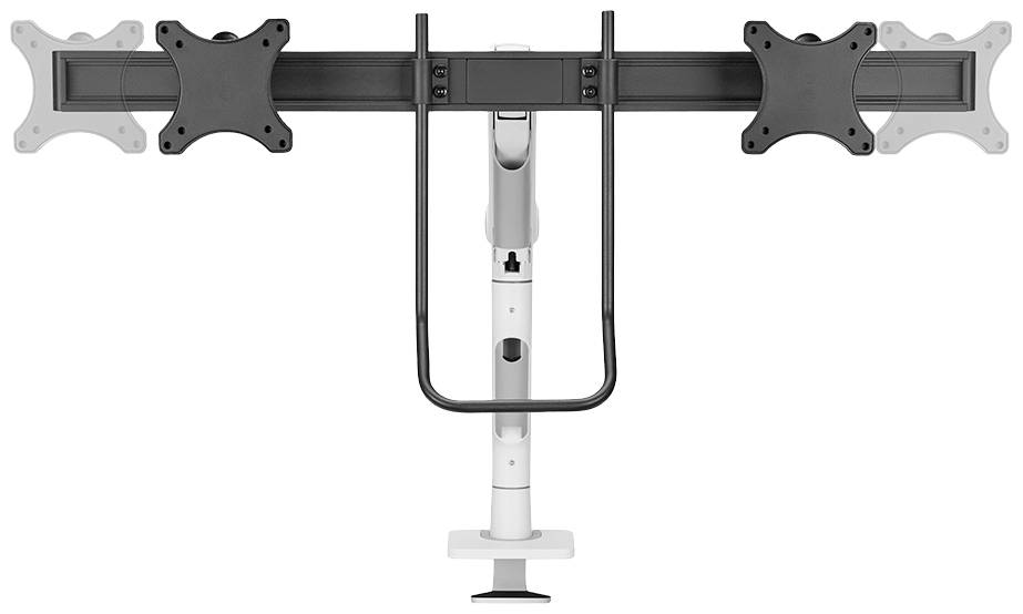 A mounting system for four monitors, with black horizontal crossbars and silver brackets, attached to an adjustable white stand.