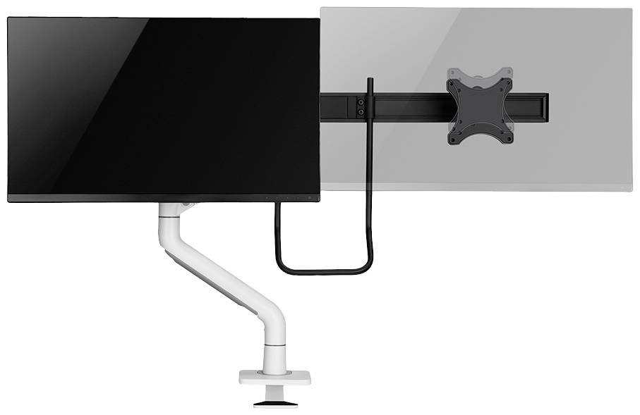 'Illustration of a monitor arm holding two monitors in a horizontal orientation. One of the monitors is black, the other is grey.'