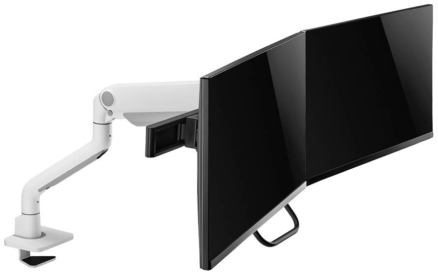 Double monitor mount with two black screens mounted on a white, adjustable arm attached to a desk.