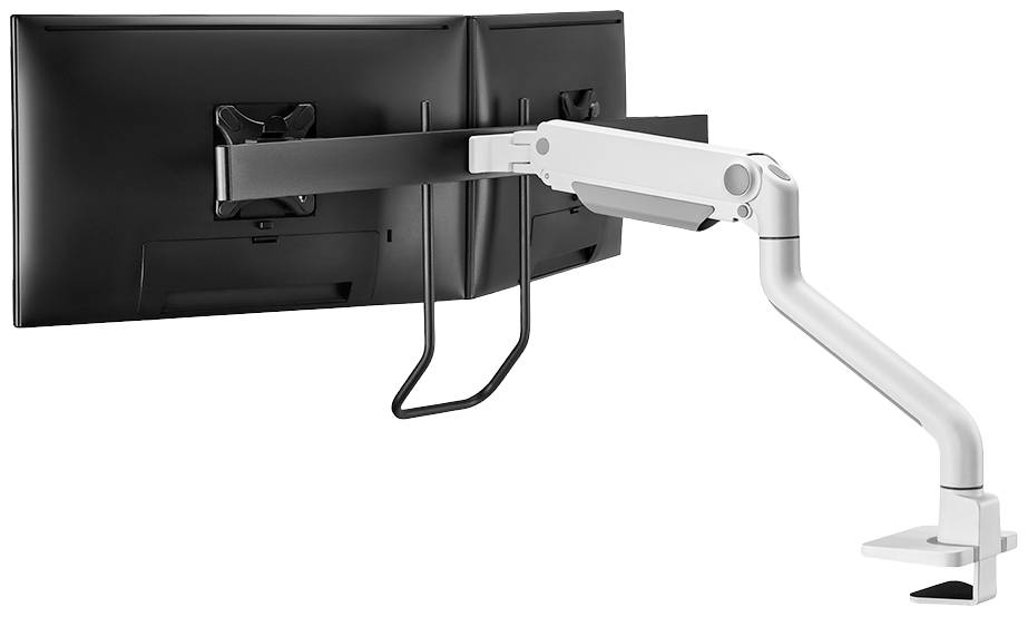 Double monitor arm with two monitors, mounted on a desk. Adjustable for ergonomic working.