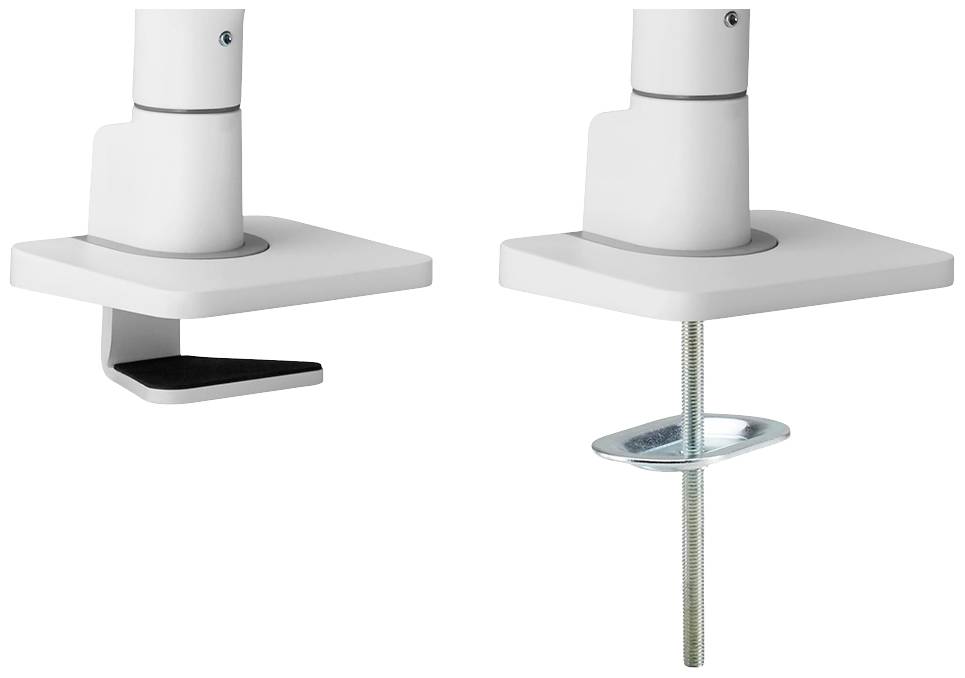 Two white monitor mounting brackets, left with a clamp, right with screw mounting. Both offer various mounting options.