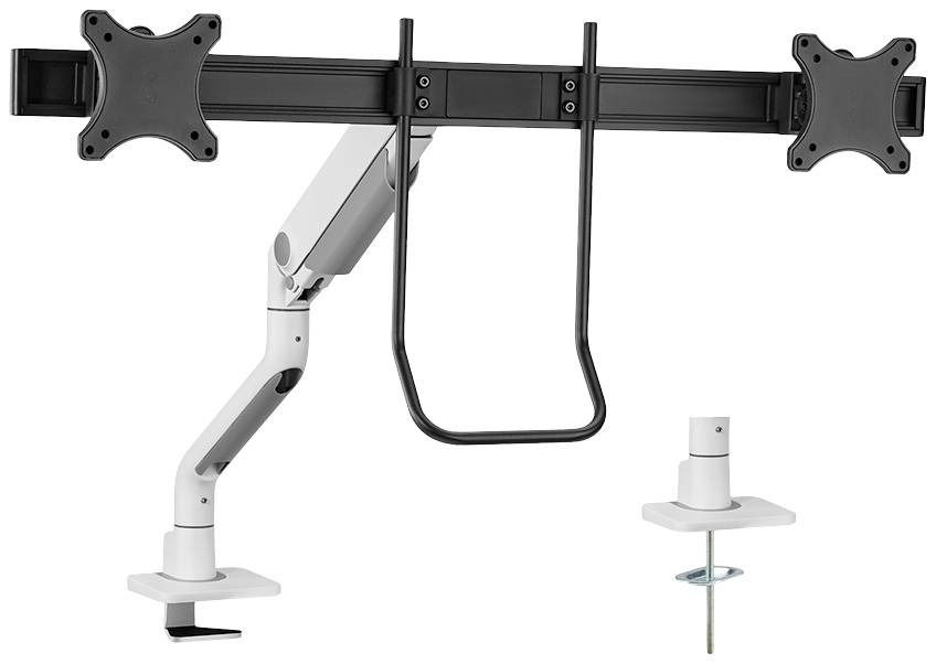A monitor arm with two mounts for attaching displays and accessories, suitable for both wall and desk mounting.