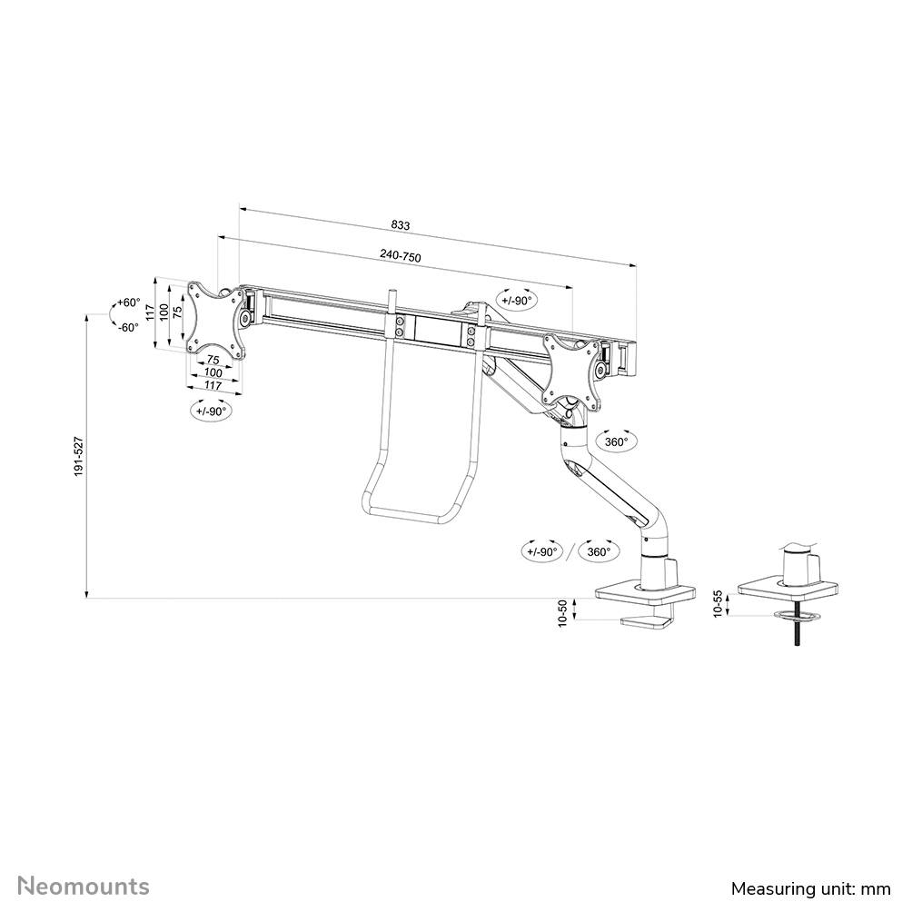 'Technical drawing of a monitor arm with dimensions in millimetres. Shows details of rotation angles and mounting options.'