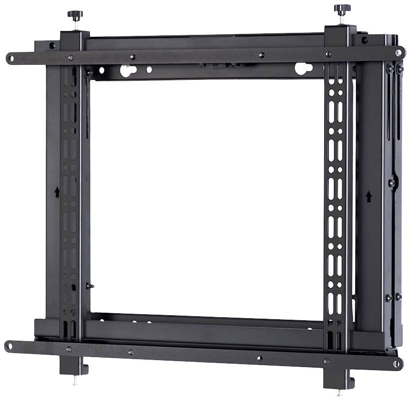 'Black, rectangular wall mount for flat screens. Adjustable struts and screws for mounting adaptation.'