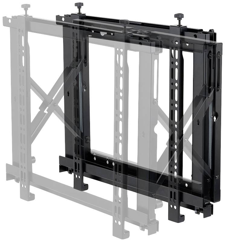 Black, adjustable wall mount for flat screens with vertical rails and screws for mounting device.