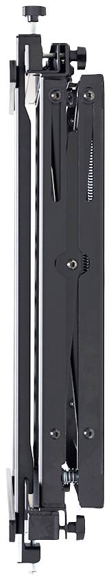 A folded black metal stand, possibly for musical instruments or technical equipment, shows hinges and adjustment wheels.