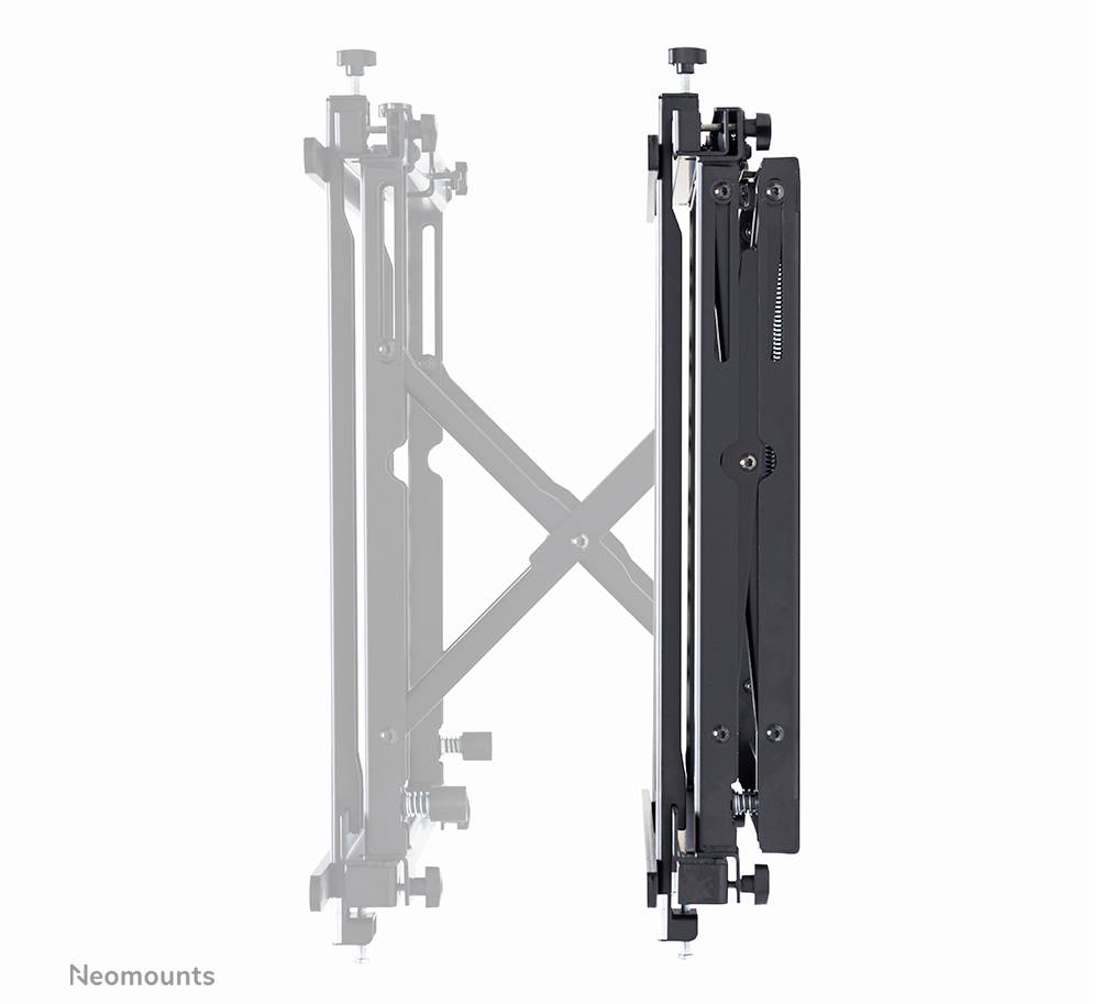 Wall mount for monitors, side view with adjustable arms and screws, shows mounting and adjustment options.