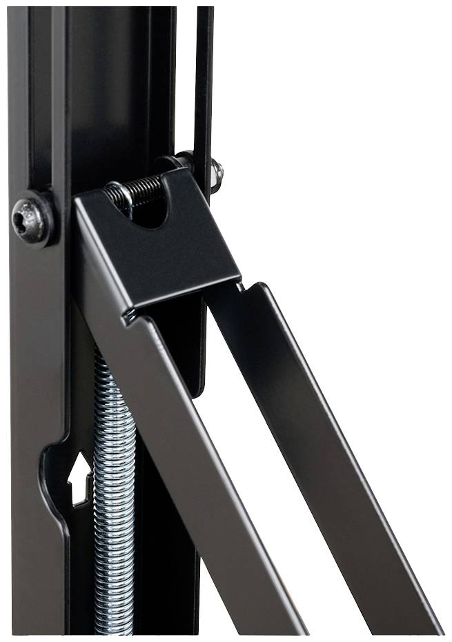 Close-up of a lifting mechanism with a metal spring and black levers, with a screw fastened to them.